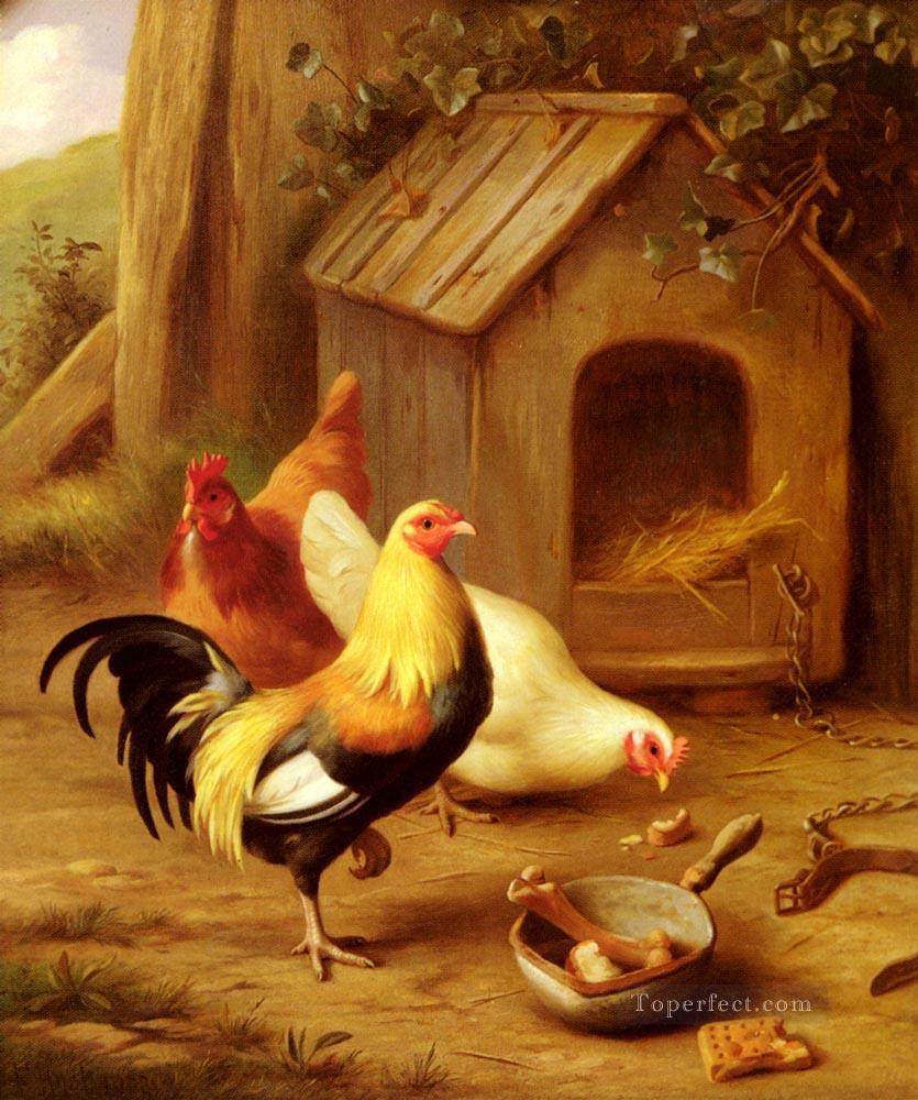 Chickens Feeding poultry livestock barn Edgar Hunt Oil Paintings